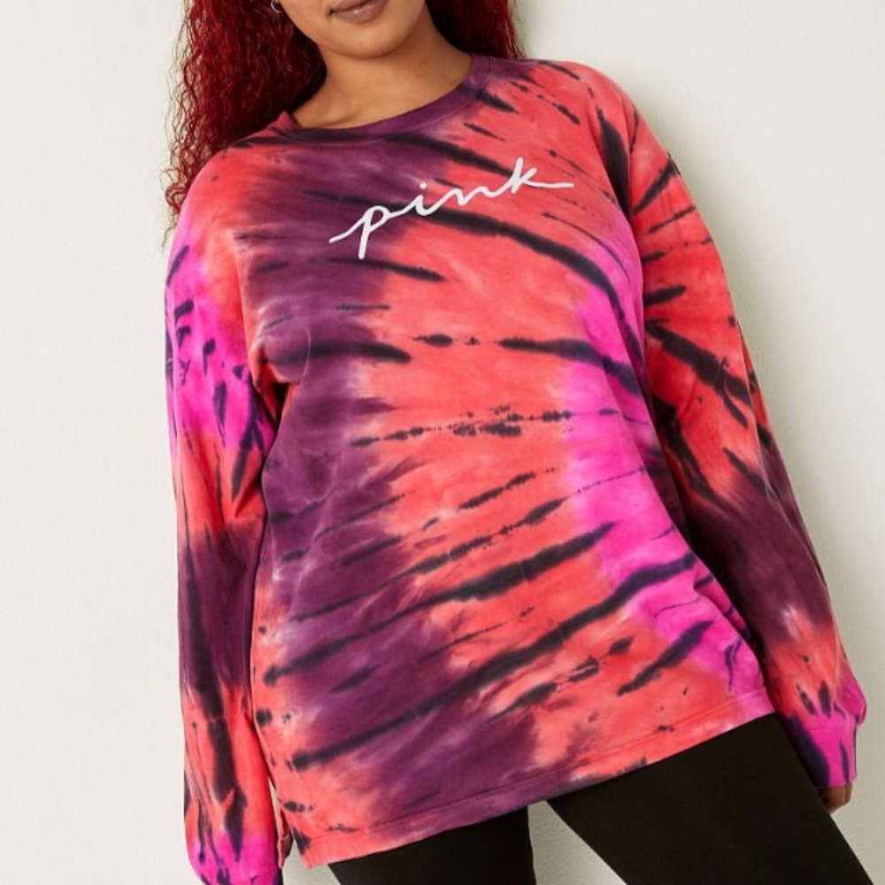 VS VICTORIAS SECRET PINK CAMPUS LONG SLEEVE TEE TOP SUPERNOVA TIE DYE SCRIPT M - Picture 2 of 7